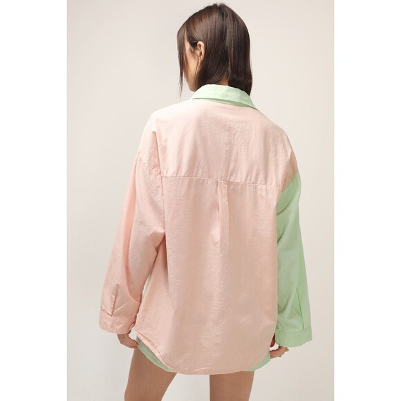 Storets Womens Color Block Long Sleeve Button-Up Blouse Green Pink, S/M - Picture 3 of 11